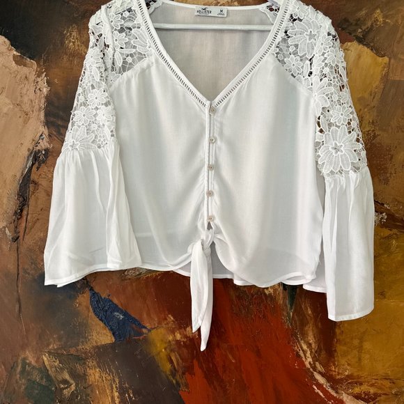 HOLLISTER Cotton Blend Inset Lace White Bohemian Top NWT - Picture 11 of 16